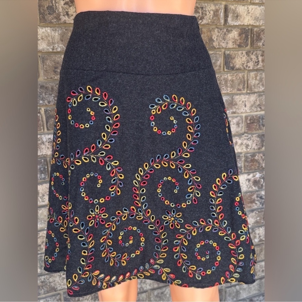 Wool A-Line Skirt Embroidered Multicolor Boho Festival Fall M - Picture 3 of 6